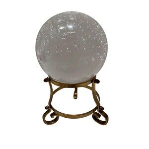 Vintage Crystal Ball Paperweight: 4" Bubble Glass Sphere on Brass Holder